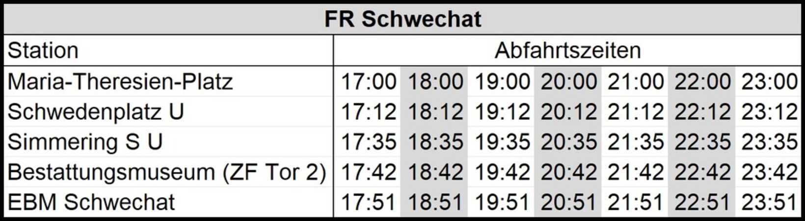 Fahrplan Oldtimerbus-Shuttle Wien–Schwechat, Änderungen vorbehalten!
